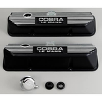 (2) Ford Racing Aluminum Valve Covers, Valve Covers, Stock Height, Cast Aluminum, Black Wrinkle, Ribbed with Cobra, Ford, Big Block FE, Pair