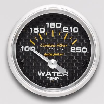 Auto Meter Carbon Fiber Ultra-Lite Analog Gauges, Carbon Fiber, Water Temperature, 100-250 Degrees F, 2 1/ 16 in., Analog, Electrical, Each